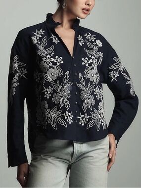 Anthropologie Pilcro The Tavi Linen Blend Buttondown Blouse Embroidered Black 1x